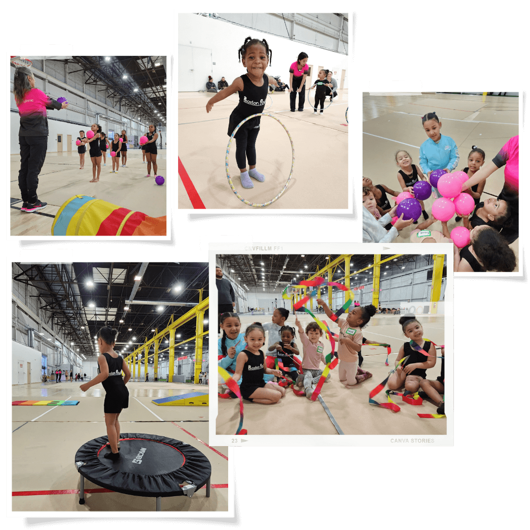 collage of photos from gymnastics classes